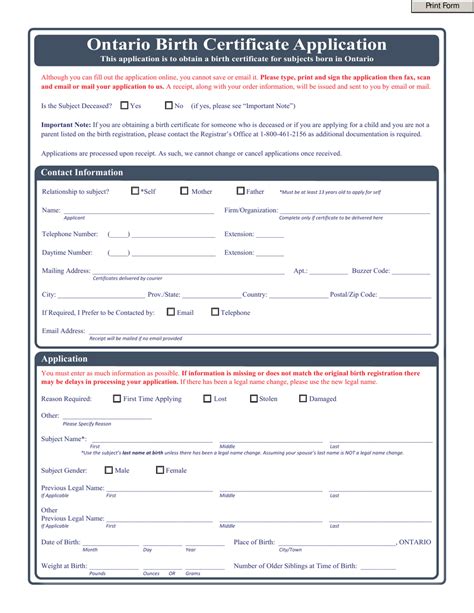 Ontario Birth Certificate Application Printable